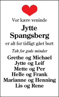 Dødsannoncen for Jytte
Spangsberg - Esbjerg