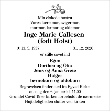 Dødsannoncen for Inge Marie Callesen 
(født Holst) - Rødekro