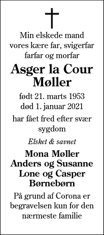 Dødsannoncen for Asger la Cour Møller - Lysabild