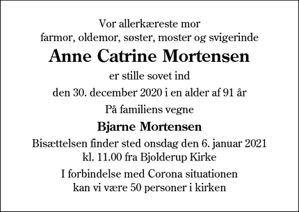 Dødsannoncen for Anne Catrine Mortensen - Aabenraa