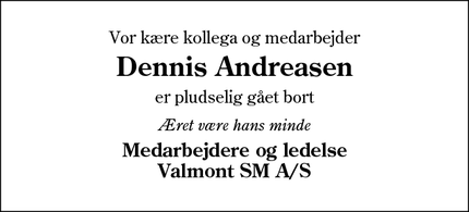 Dødsannoncen for Dennis Andreasen - Aabenraa