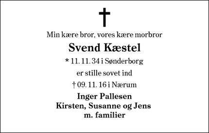 Dødsannoncen for Svend Kæstel - Nærum