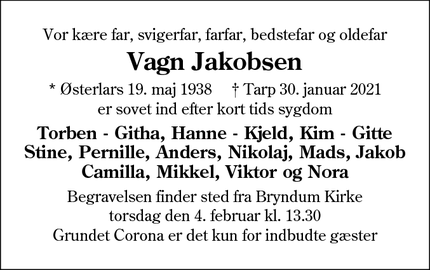 Dødsannoncen for Vagn Jakobsen - Tarp
