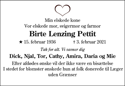 Dødsannoncen for Birte Lenzing Pettit - Nordborg