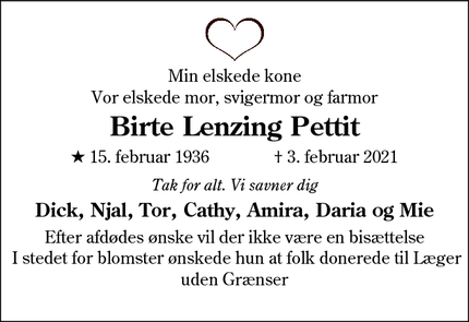 Dødsannoncen for Birte Lenzing Pettit - Nordborg