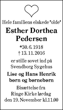 Dødsannoncen for Esther Dorthea Pedersen  - Ringe