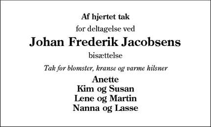 Taksigelsen for Johan Frederik Jacobsens - Aabenraa