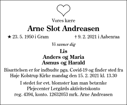 Dødsannoncen for Arne Slot Andreasen - Aabenraa