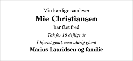 Dødsannoncen for Mie Christiansen - Bramming