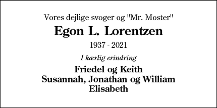 Dødsannoncen for Egon L. Lorentzen - Bramming
