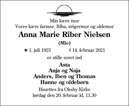 Dødsannoncen for Anna Marie Riber Nielsen - 6840 Oksbøl 