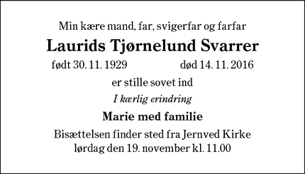 Dødsannoncen for Laurids Tjørnelund Svarrer - Esbjerg