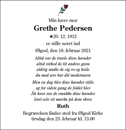 Dødsannoncen for Grethe Pedersen - Ølgod
