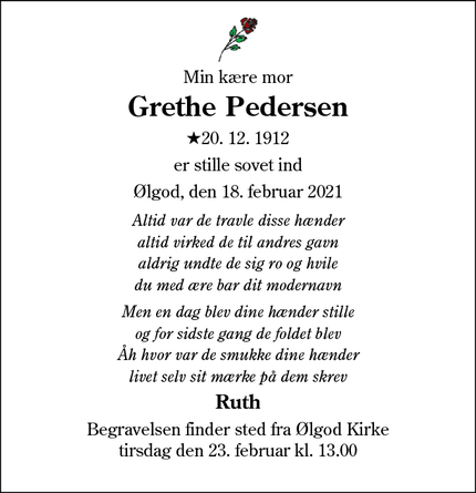 Dødsannoncen for Grethe Pedersen - Ølgod