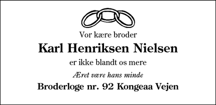 Dødsannoncen for Karl Henriksen Nielsen - Vejen