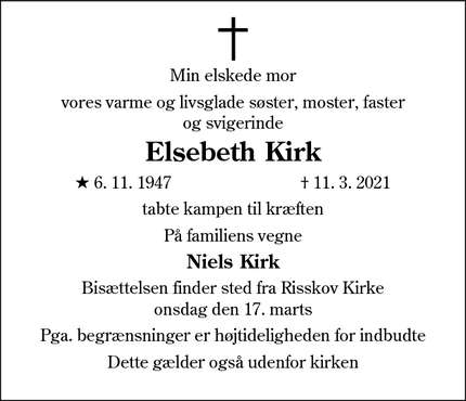 Dødsannoncen for Elsebeth Kirk - Sunds