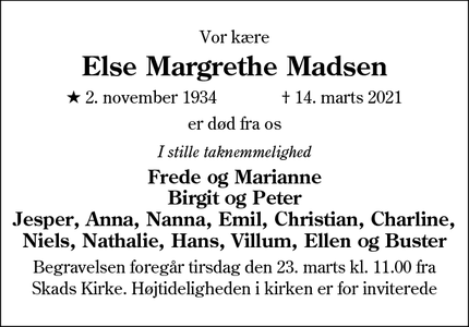 Dødsannoncen for Else Margrethe Madsen - 'Esbjerg V
