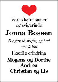Dødsannoncen for Jonna Bossen - Abild 