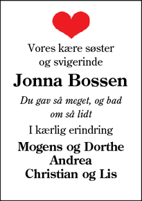 Dødsannoncen for Jonna Bossen - Abild 