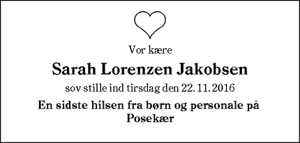 Dødsannoncen for Sarah Lorenzen Jakobsen - Aabenraa