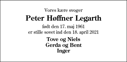 Dødsannoncen for Peter Høffner Legarth - Andst, Vejen