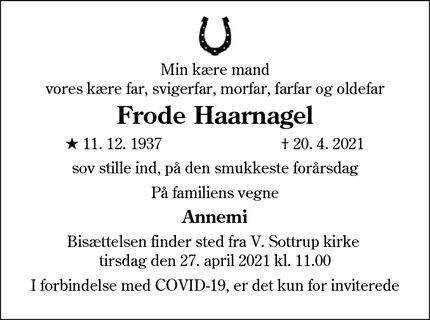 Dødsannoncen for Frode Haarnagel - Vester Sottrup 
