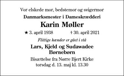 Dødsannoncen for Karin Møller - Kolding