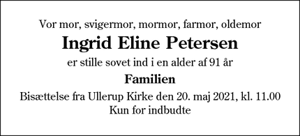 Dødsannoncen for Ingrid Eline Petersen - Sønderborg