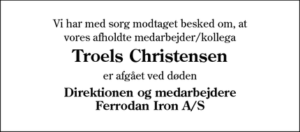 Dødsannoncen for Troels Christensen - Støberivej 5, 6900  Skjern