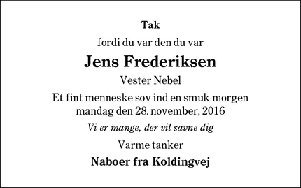 Dødsannoncen for Jens Frederiksen  - Vester Nebel, 6040 Egtved