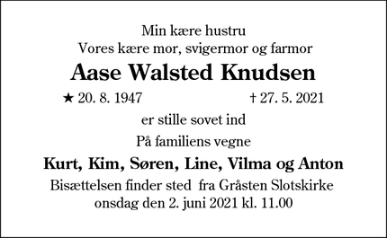 Dødsannoncen for Aase Walsted Knudsen - adsbøl