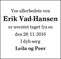 Dødsannoncen for Erik Vad-Hansen - Esbjerg, Danmark
