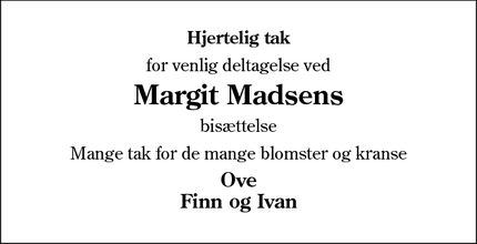 Taksigelsen for Margit Madsens - Tjæreborg