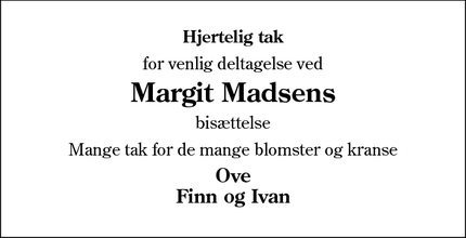 Taksigelsen for Margit Madsens - Tjæreborg
