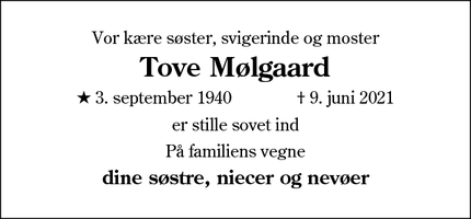 Dødsannoncen for Tove Mølgaard - Ribe
