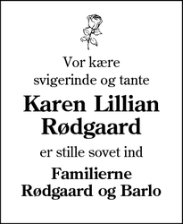 Dødsannoncen for Karen Lillian
Rødgaard - Esbjerg V