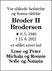 Dødsannoncen for Broder H Brodersen - Bredebro