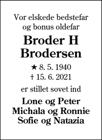 Dødsannoncen for Broder H Brodersen - Bredebro