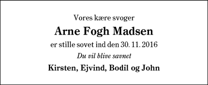 Dødsannoncen for Arne Fogh Madsen - Rinkenæs