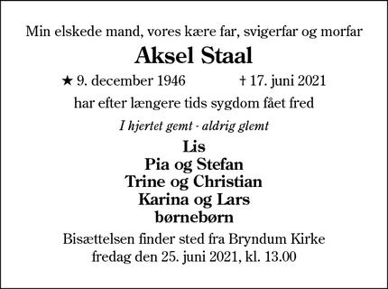 Dødsannoncen for Aksel Staal - Esbjerg