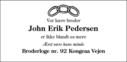 Dødsannoncen for John Erik Pedersen - Vejen