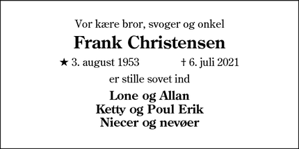 Dødsannoncen for Frank Christensen - 2100  København Ø