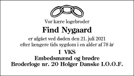 Dødsannoncen for Find Nygaard - Esbjerg