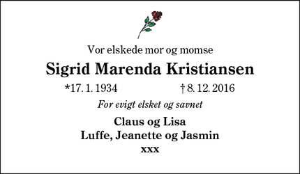 Dødsannoncen for Sigrid Marenda Kristiansen - Esbjerg