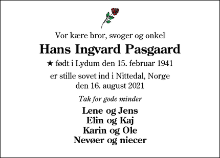 Dødsannoncen for Hans Ingvard Pasgaard - Nittedal, Norge