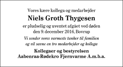 Dødsannoncen for Niels Groth Thygesen - Bovrup