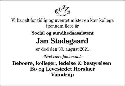 Dødsannoncen for Jan Stadsgaard - Vamdrup