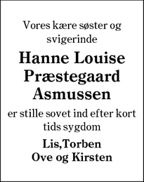 Dødsannoncen for Hanne Louise Præstegaard Asmussen - Hobro