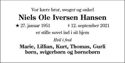 Dødsannoncen for Niels Ole Iversen Hansen - Ulkebøl