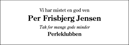 Dødsannoncen for Per Frisbjerg Jensen - Brørup